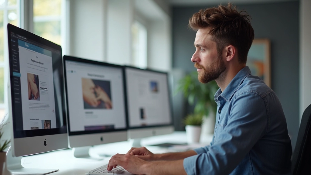 Professioneel webdesign workspace met responsive design mockups op meerdere schermen, georganiseerde desktop setup met monitor en tablet