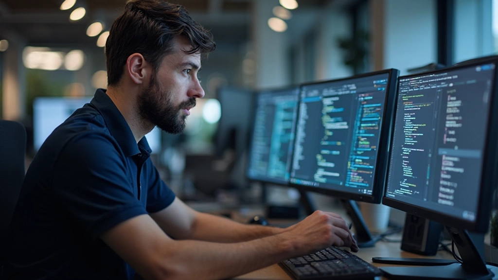 Frontend developer analyzing responsive website performance metrics op multiple monitors in office setting