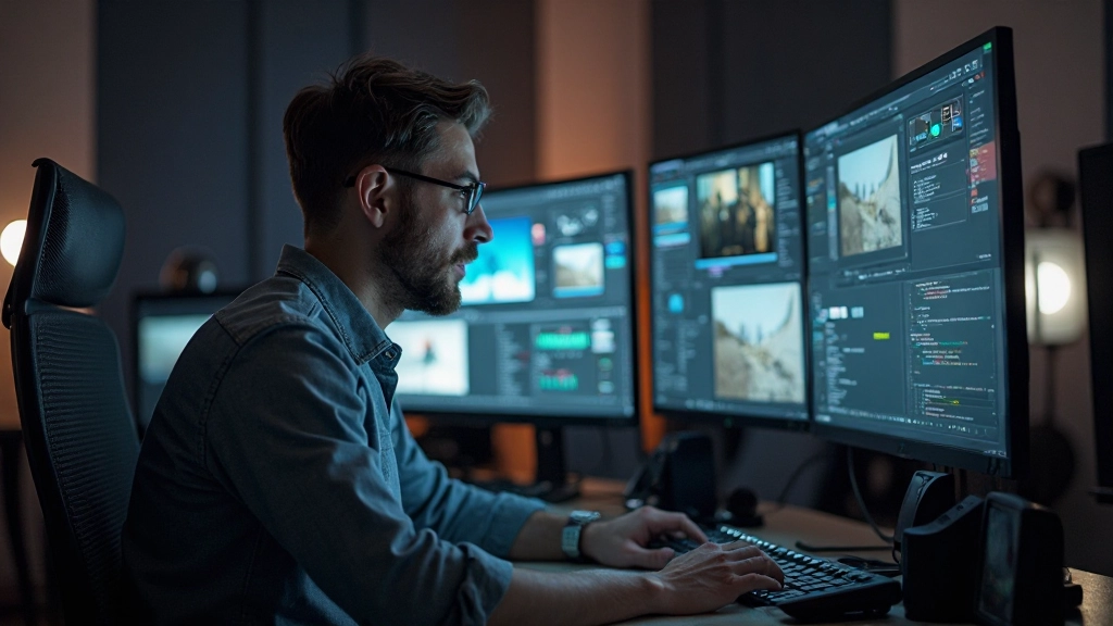 Professionele video-editing workstation met monitors, responsive media player interface, moderne media production studio setup