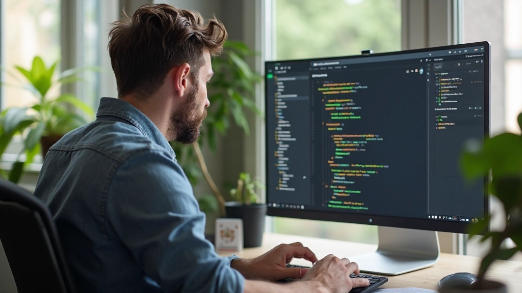 Webontwikkelaar die CSS Grid-concepten op een monitor bekijkt in een moderne kantooromgeving met groene planten en natuurlijk licht