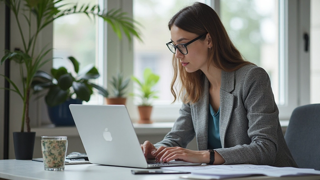 Designer aan het werk met typografische systemen op laptop in modern kantoor
